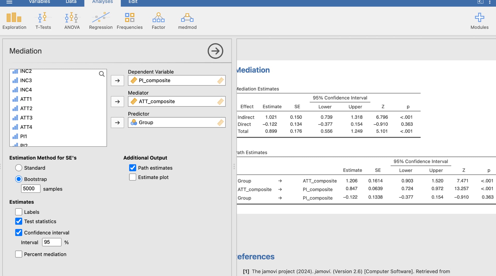 jamovi MEDMOD output showing a significant indirect effect through brand attitude and a non-significant direct effect.
