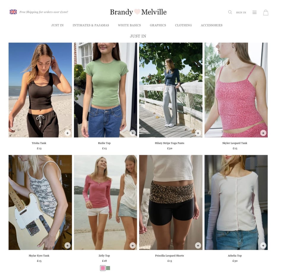 Group A stimulus — a screenshot of Brandy Melville's website showing a grid of products modelled by slim young women.