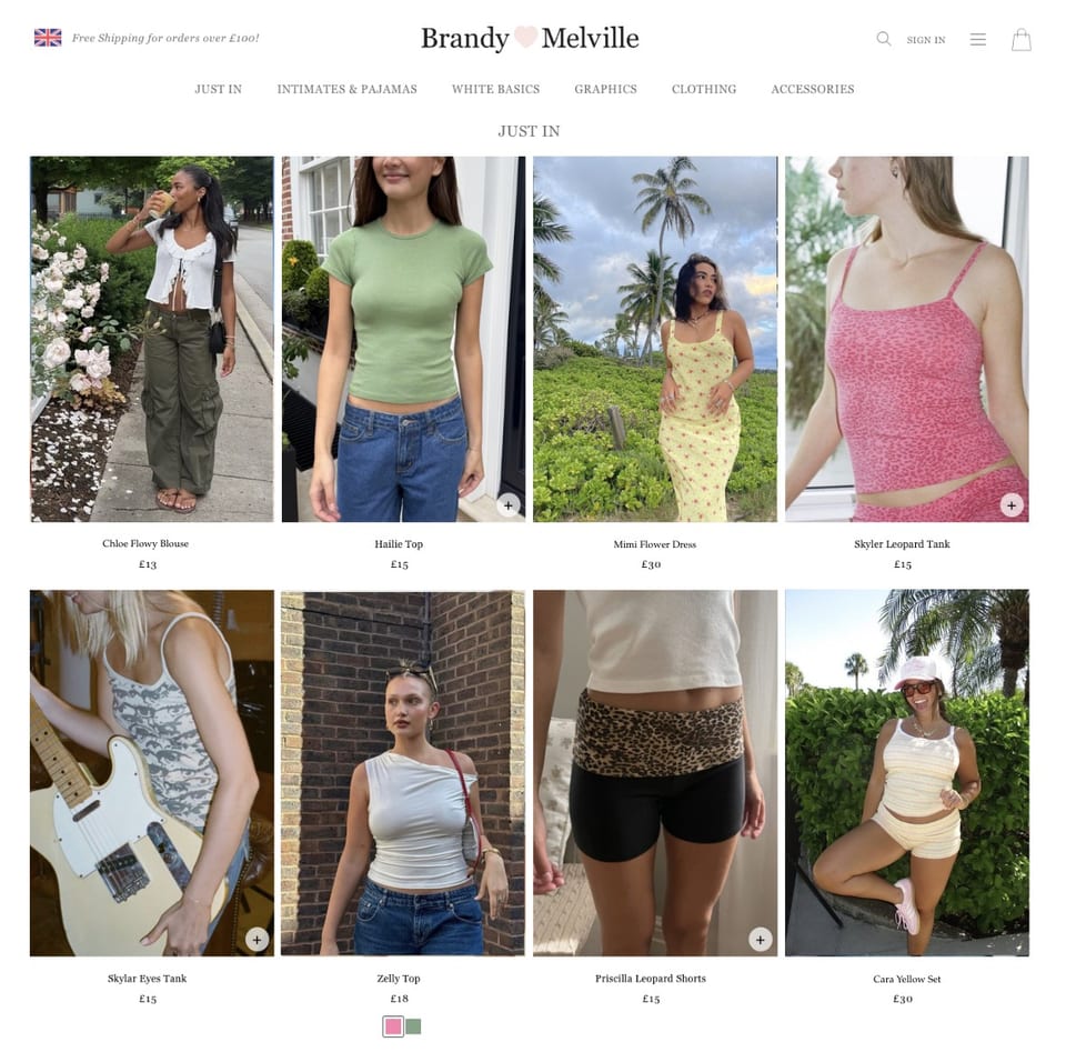 Group B stimulus — the same product-page layout with models of a range of body types and ethnicities.