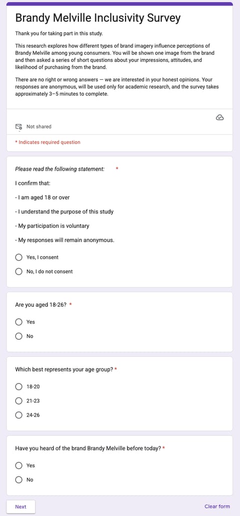The opening page of the Brandy Melville Inclusivity Survey in Google Forms — an introduction, a consent statement, and screening questions on age and brand awareness.
