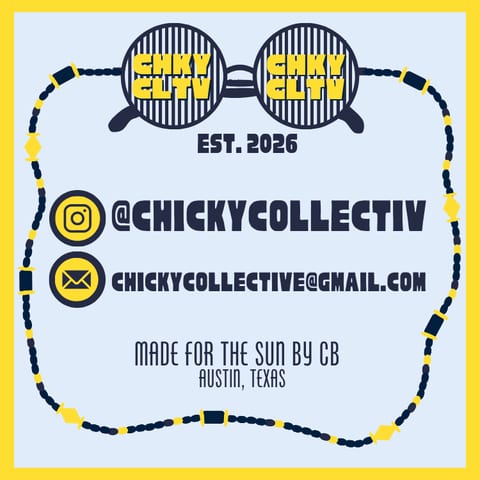 Business card back — the sunglasses logo, "Est. 2026", the Instagram handle and email address, and "Made for the sun by CB, Austin, Texas", framed by a beaded chain.