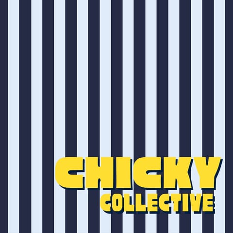 Business card front — navy and baby-blue vertical stripes with the yellow primary logo in the lower right corner.
