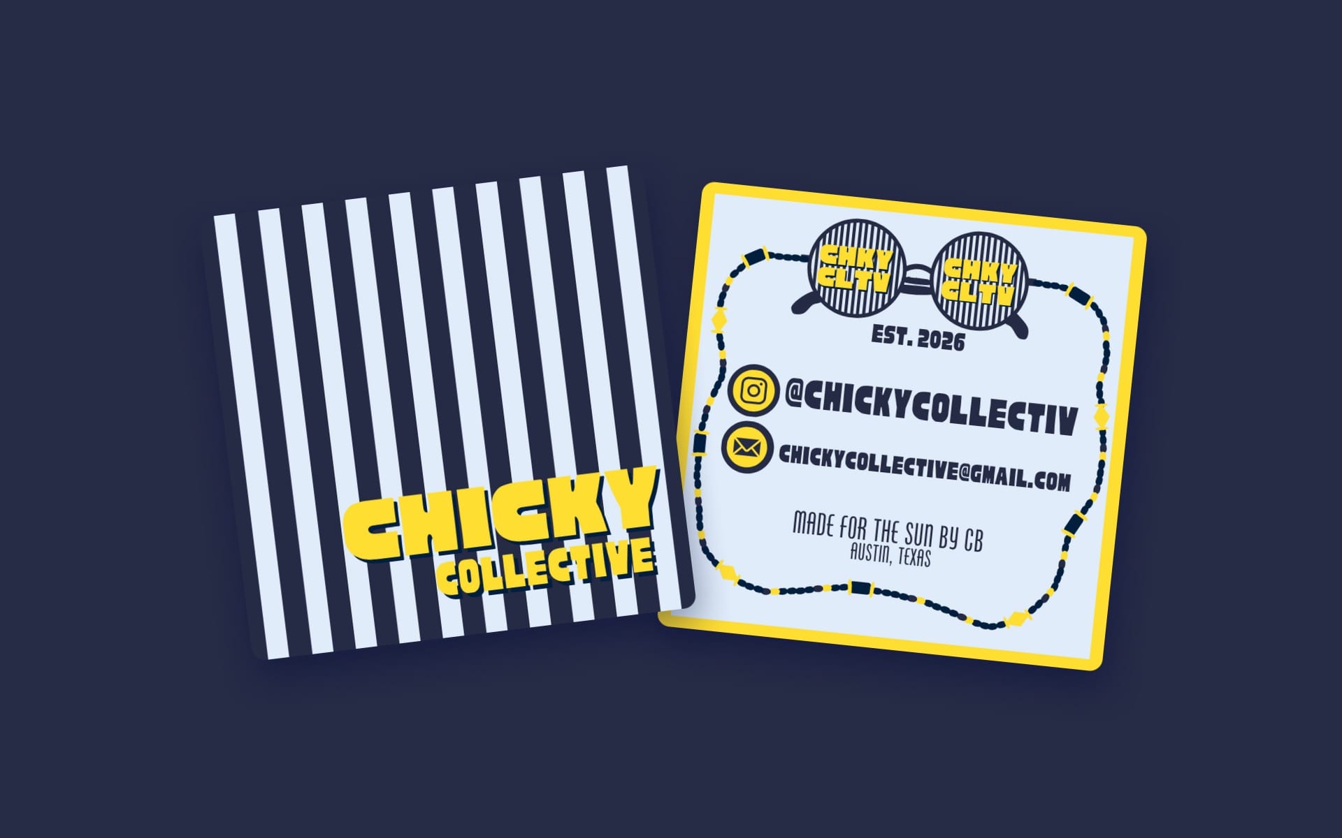 Chicky Collective business cards — navy and baby-blue stripes with the yellow logo on the front, and the contact details framed by a beaded sunglasses chain on the back.