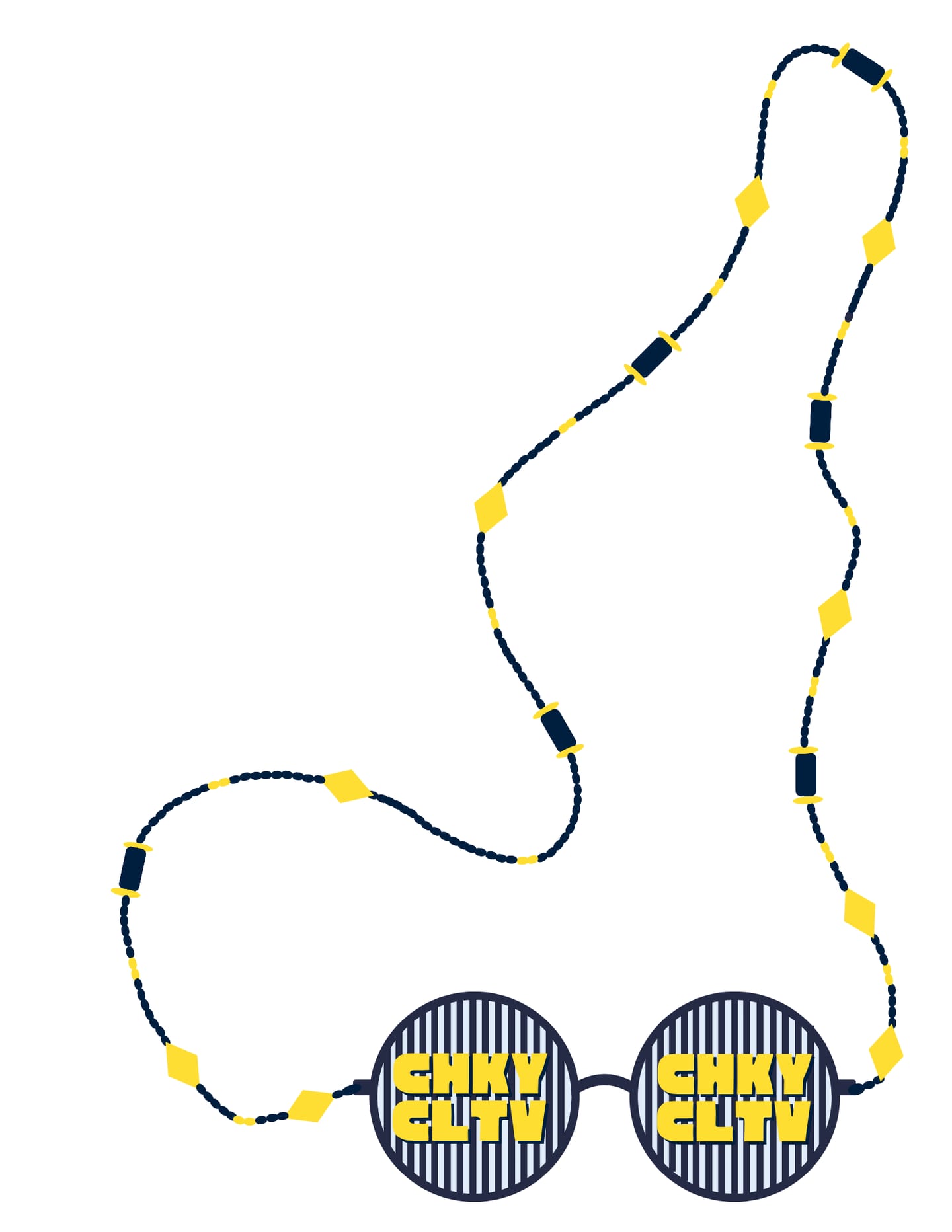 An illustration of a beaded sunglasses chain in navy and yellow, attached to round striped sunglasses with the CHKY CLTV logo in each lens.
