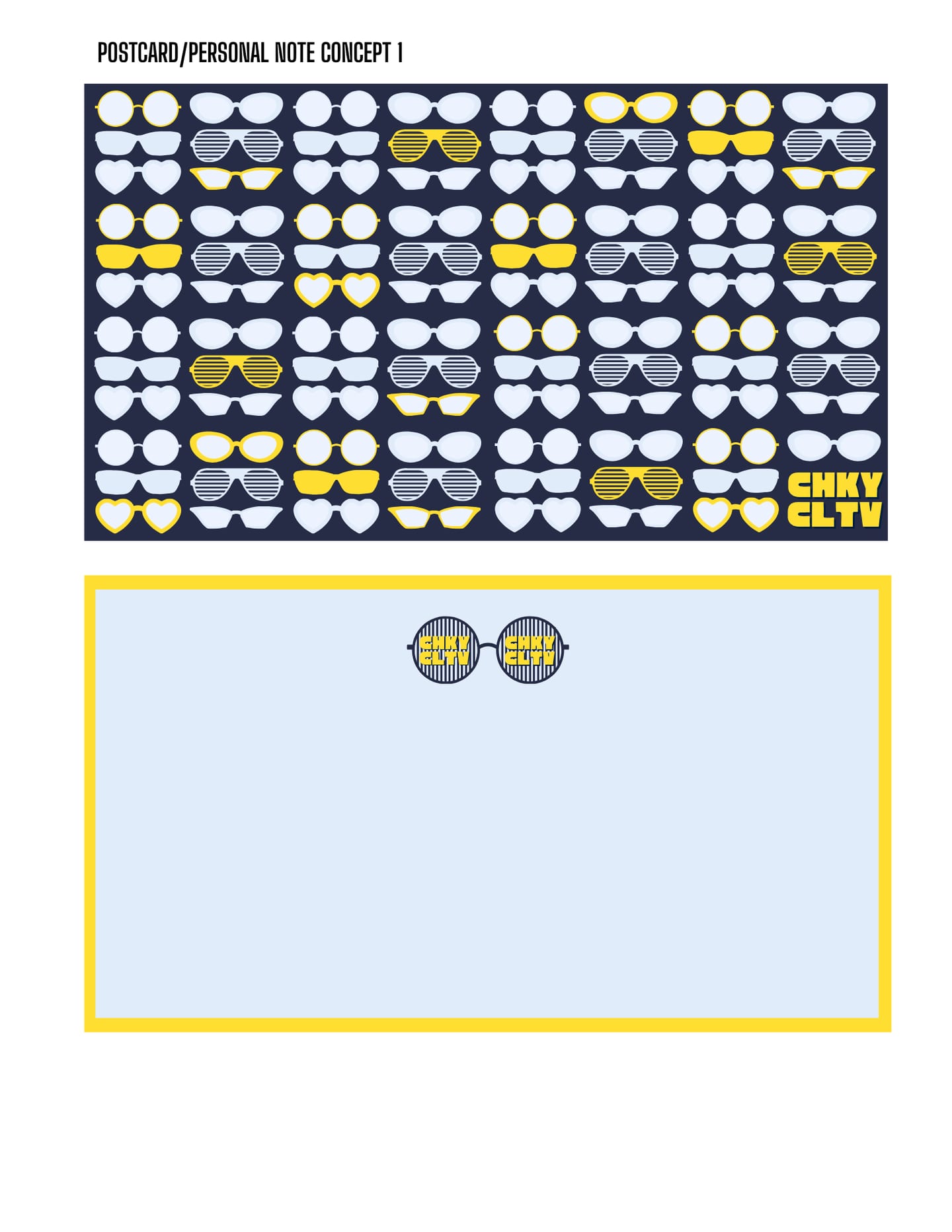 A postcard — a navy field of white and yellow sunglasses on the front, and a baby-blue writing side with a yellow border and small sunglasses logo.