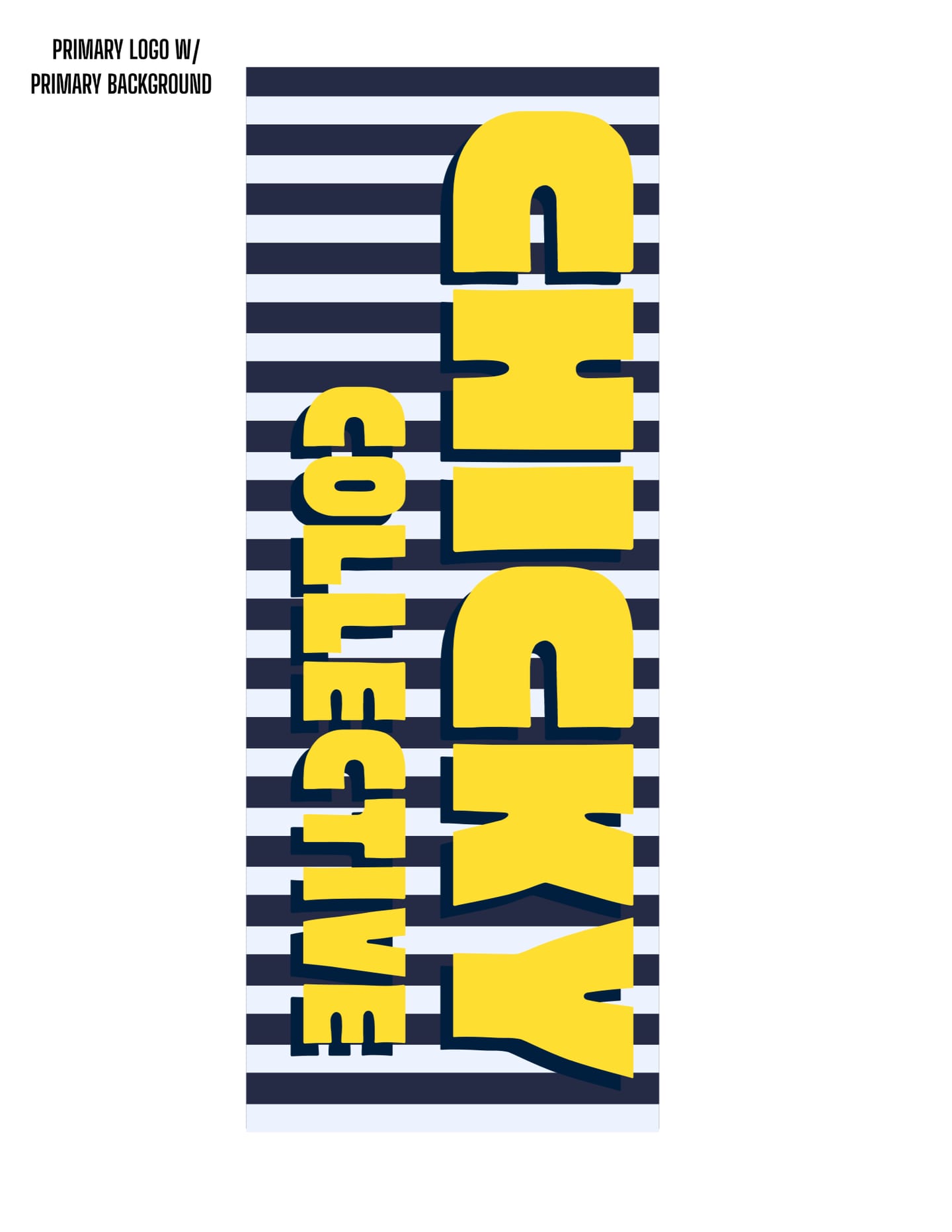 The primary logo set vertically in yellow on navy and baby-blue horizontal stripes.