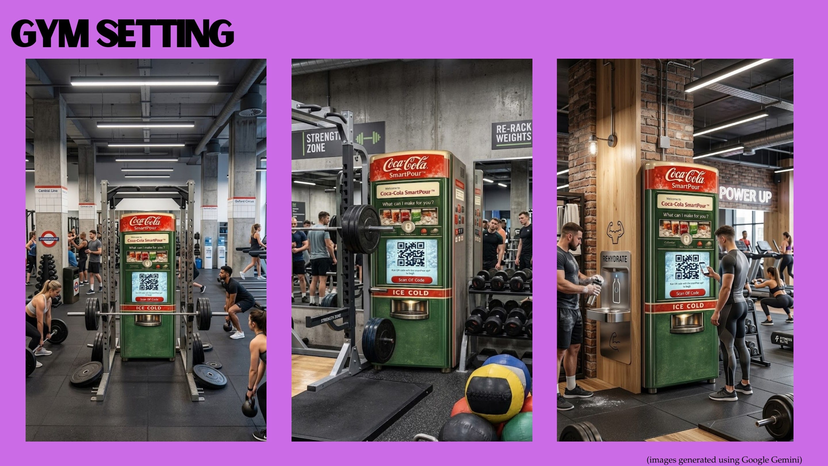 Deck slide "Gym Setting": the machine beside a squat rack, among weights and next to a water fountain in busy gyms.