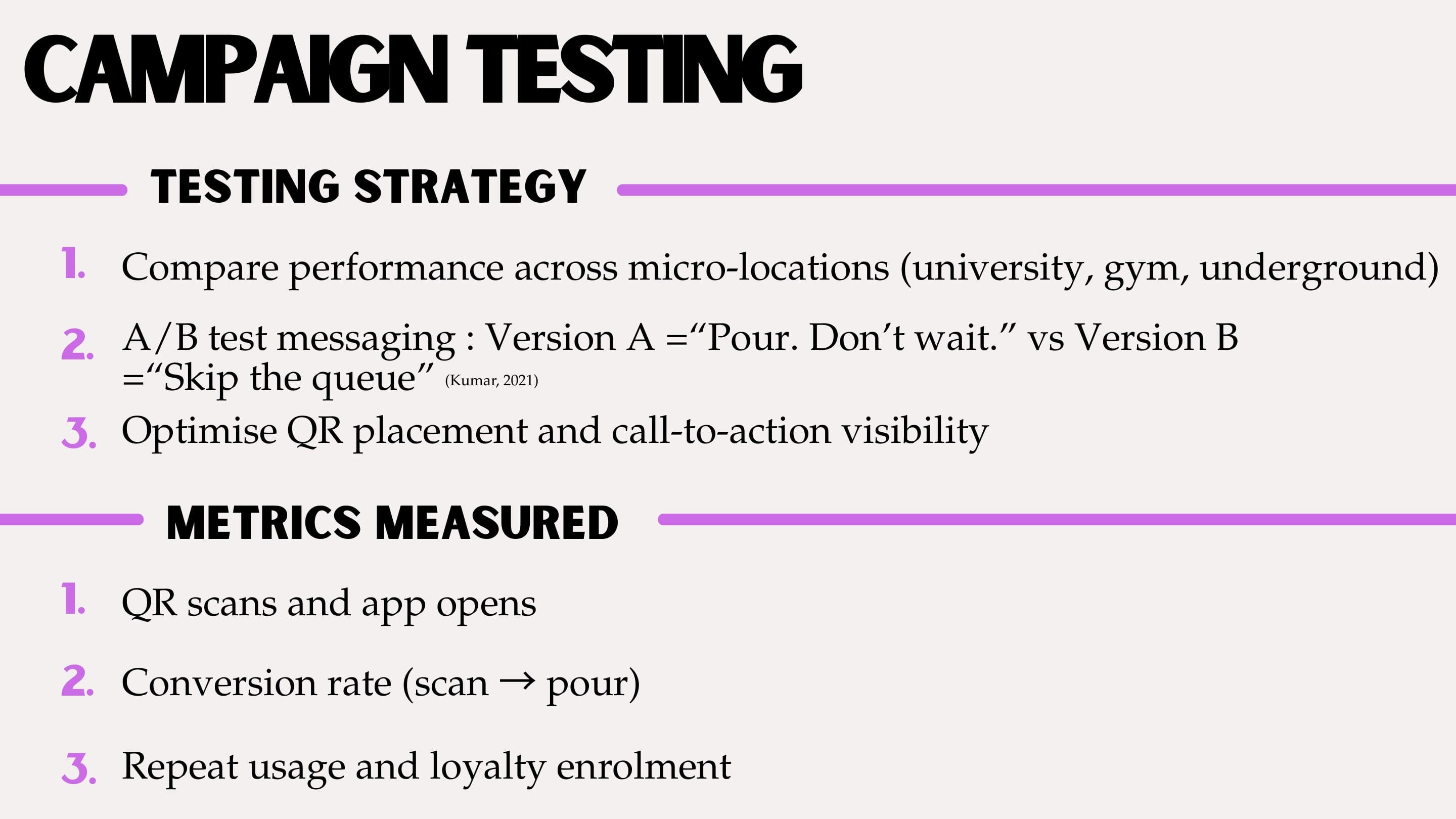 Deck slide "Campaign Testing": compare micro-locations, A/B test the messaging, optimise QR placement; measure QR scans, scan-to-pour conversion and repeat usage.