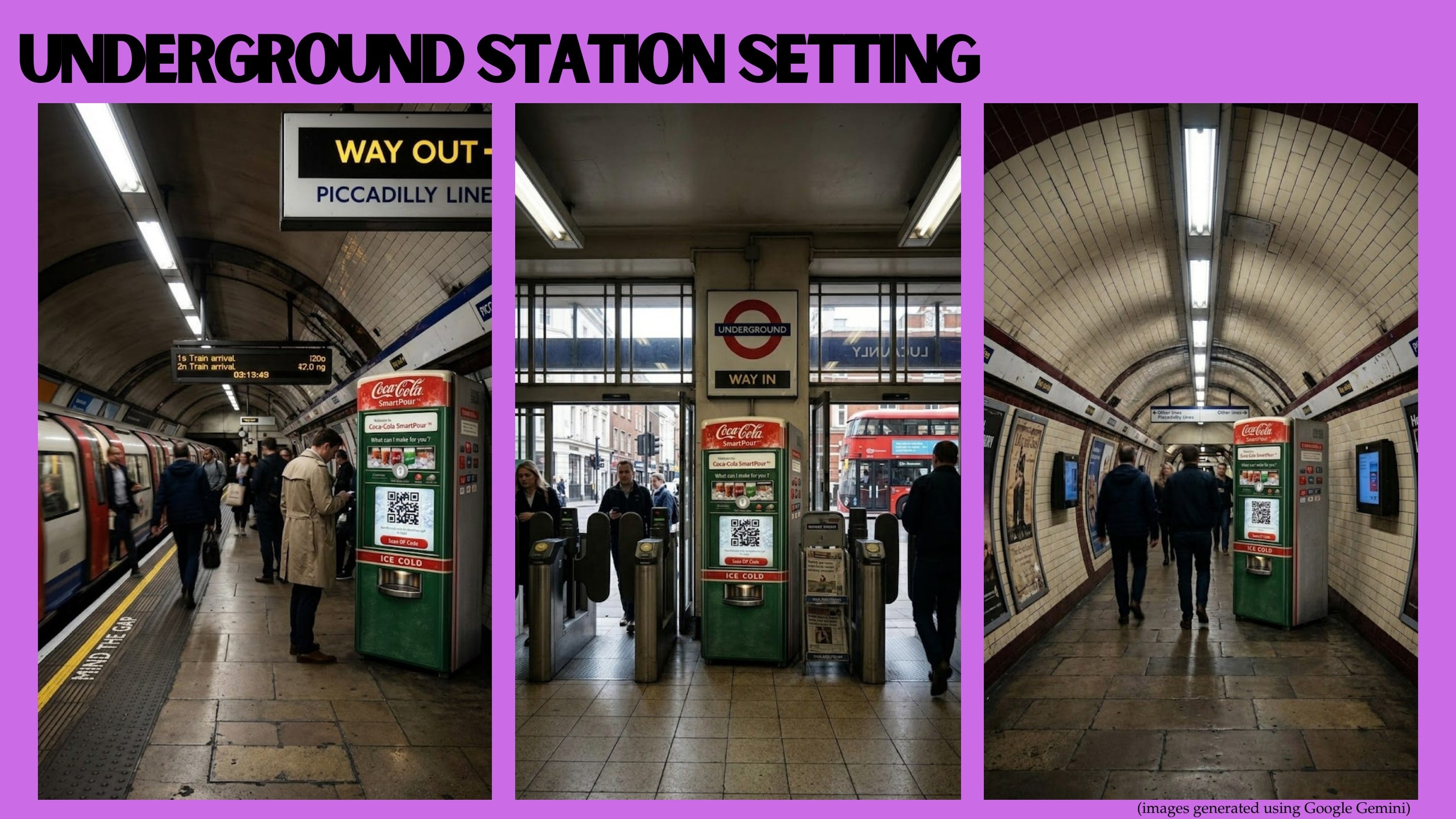 Deck slide "Underground Station Setting": the machine on a Piccadilly line platform, beside the ticket barriers and in a tiled passageway.