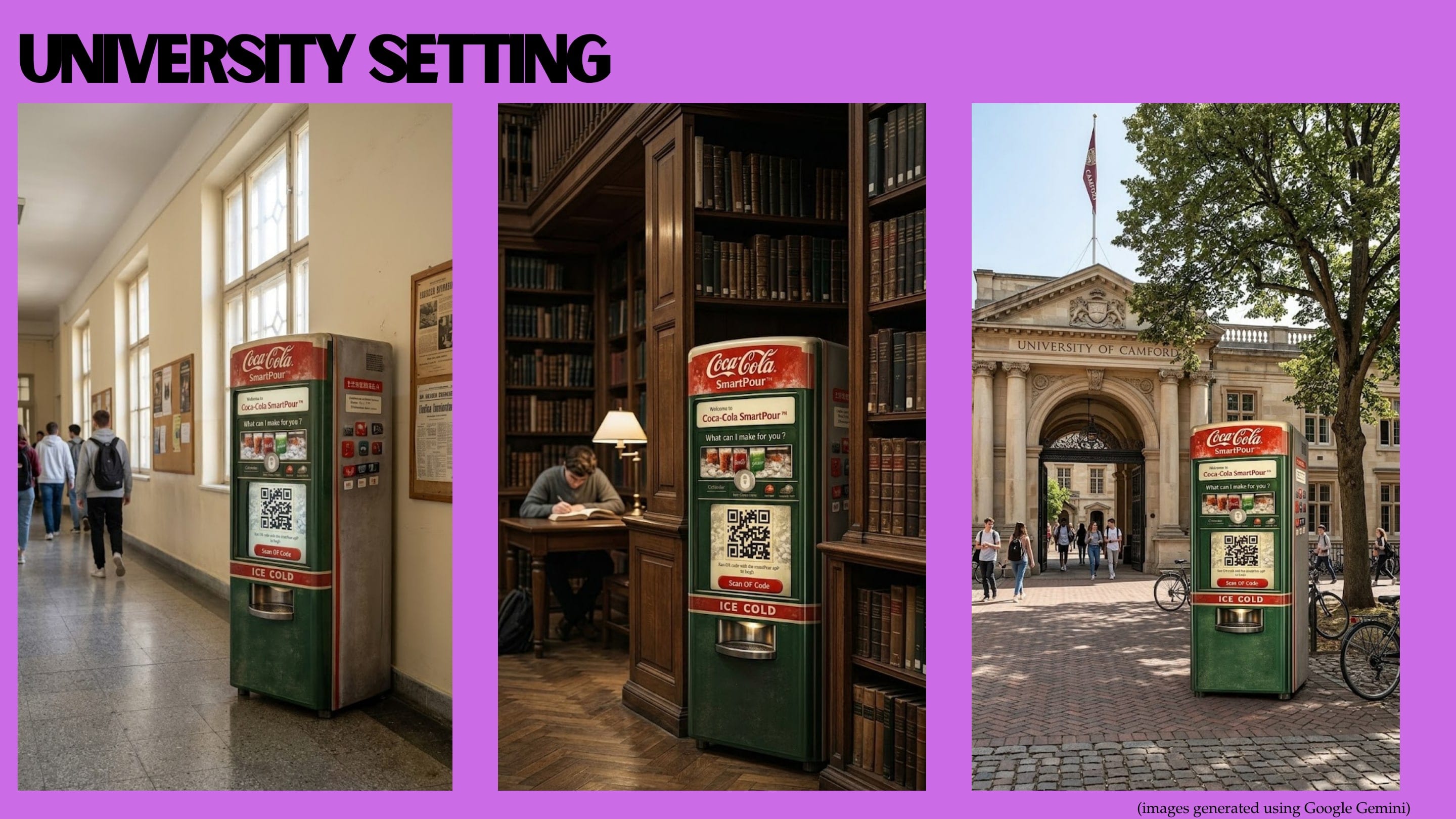 Deck slide "University Setting": three images of a green and red Coca-Cola SmartPour machine in a university corridor, in a wood-panelled library and outside a campus gateway.