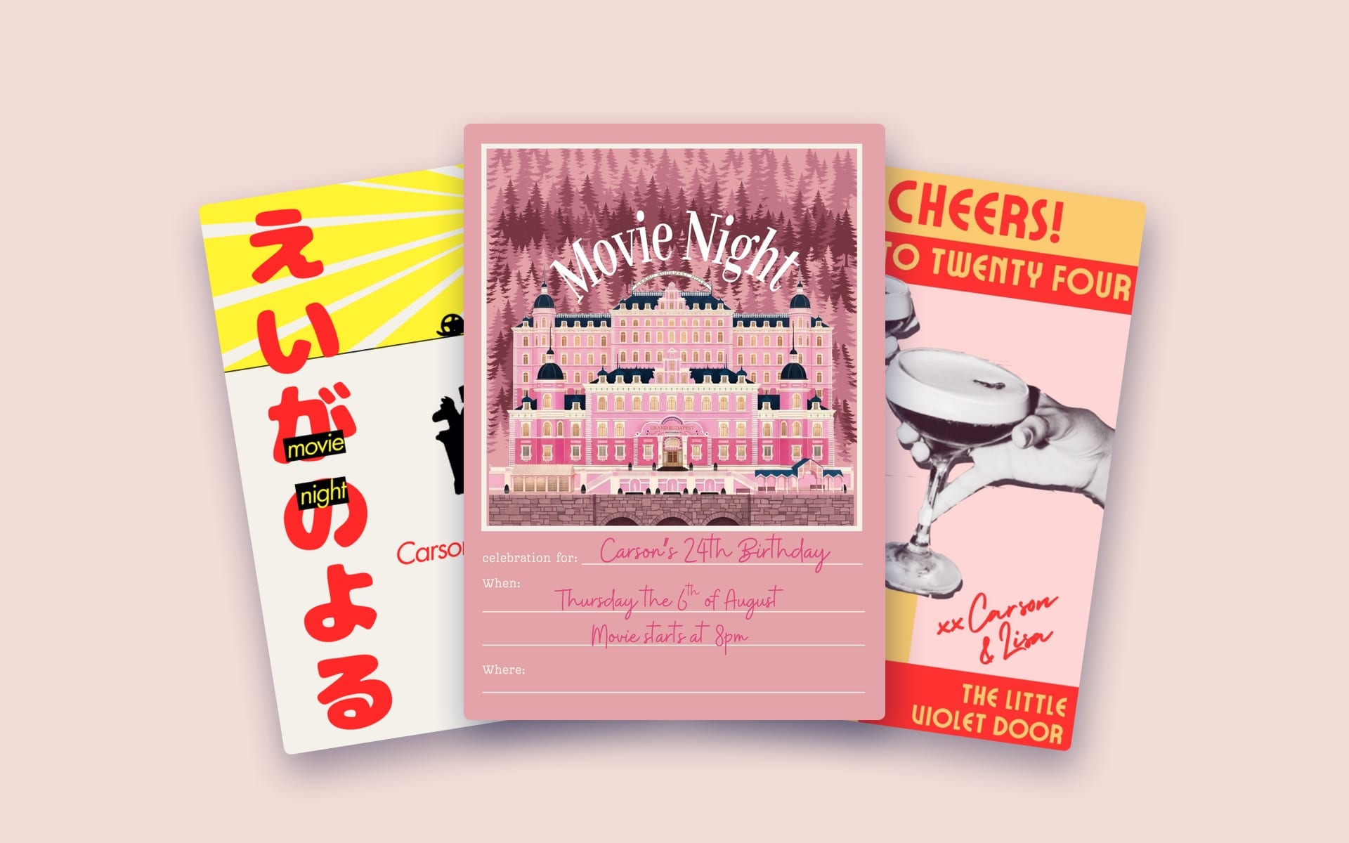 Three invitations fanned out — an Isle of Dogs-style movie-night poster, a pink Grand Budapest Hotel card and a red and peach "Let's Cheers" cocktail poster.