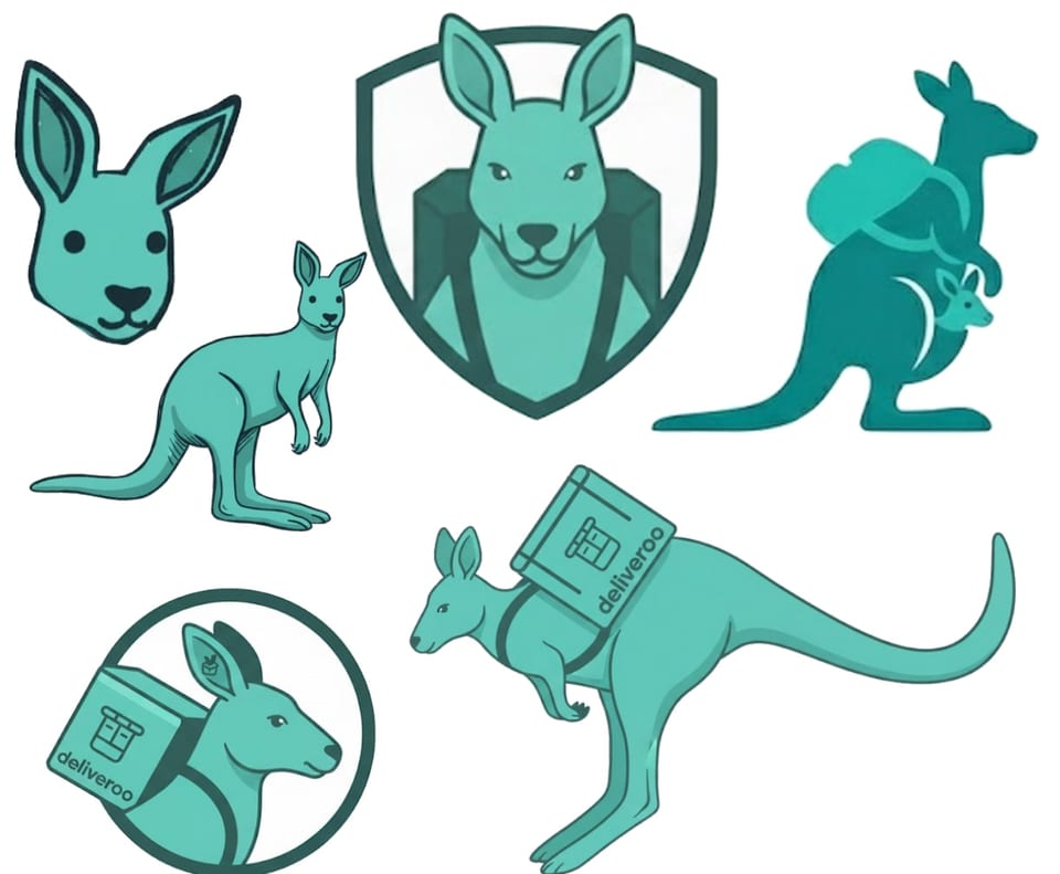 Six logo concepts in Deliveroo teal — kangaroo heads, a kangaroo in a shield, and kangaroos carrying a joey and a Deliveroo delivery bag.