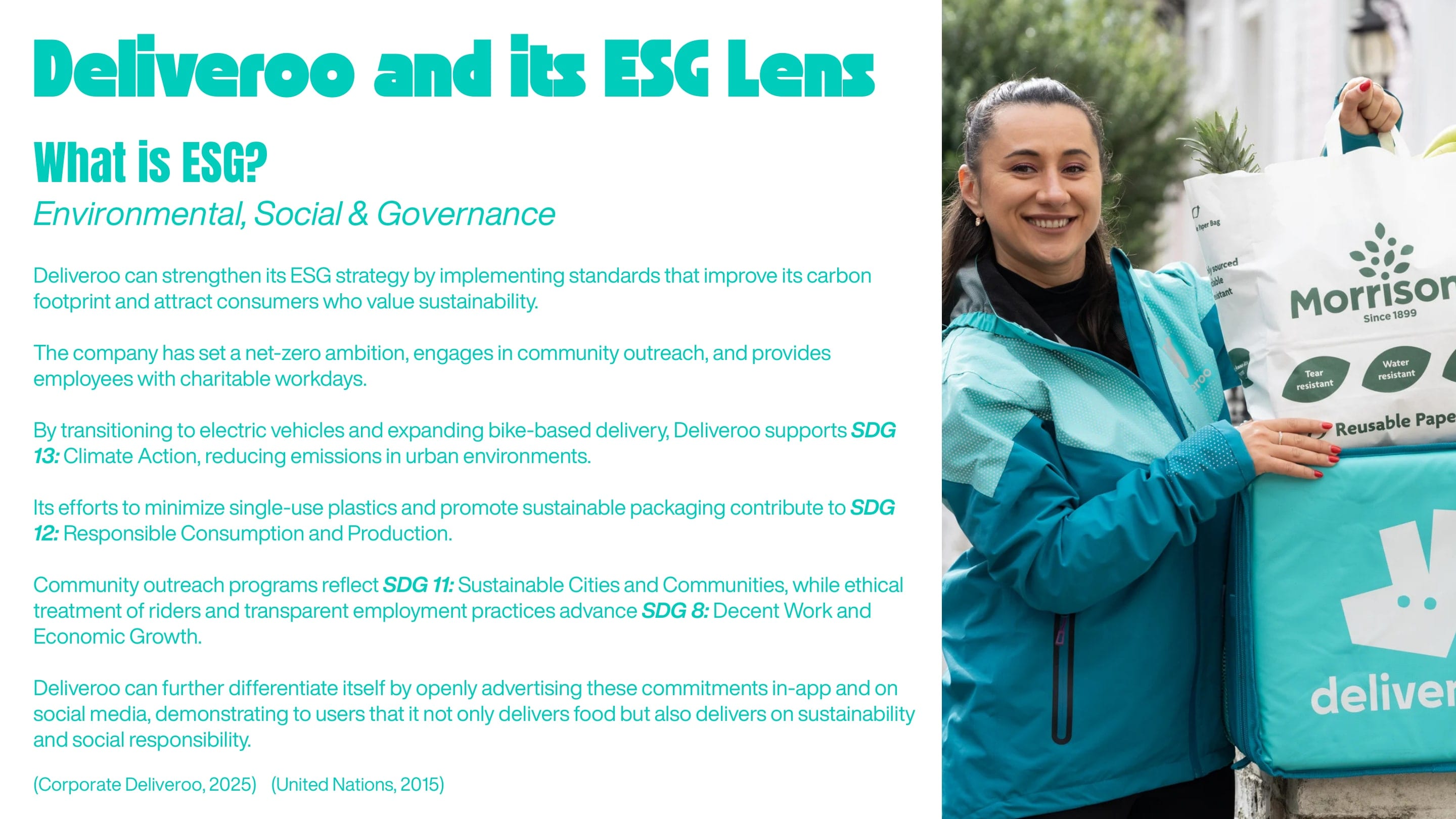 Deck slide "Deliveroo and its ESG Lens": how Deliveroo's net-zero ambition, electric and bike delivery, packaging and community work map to SDGs 8, 11, 12 and 13.