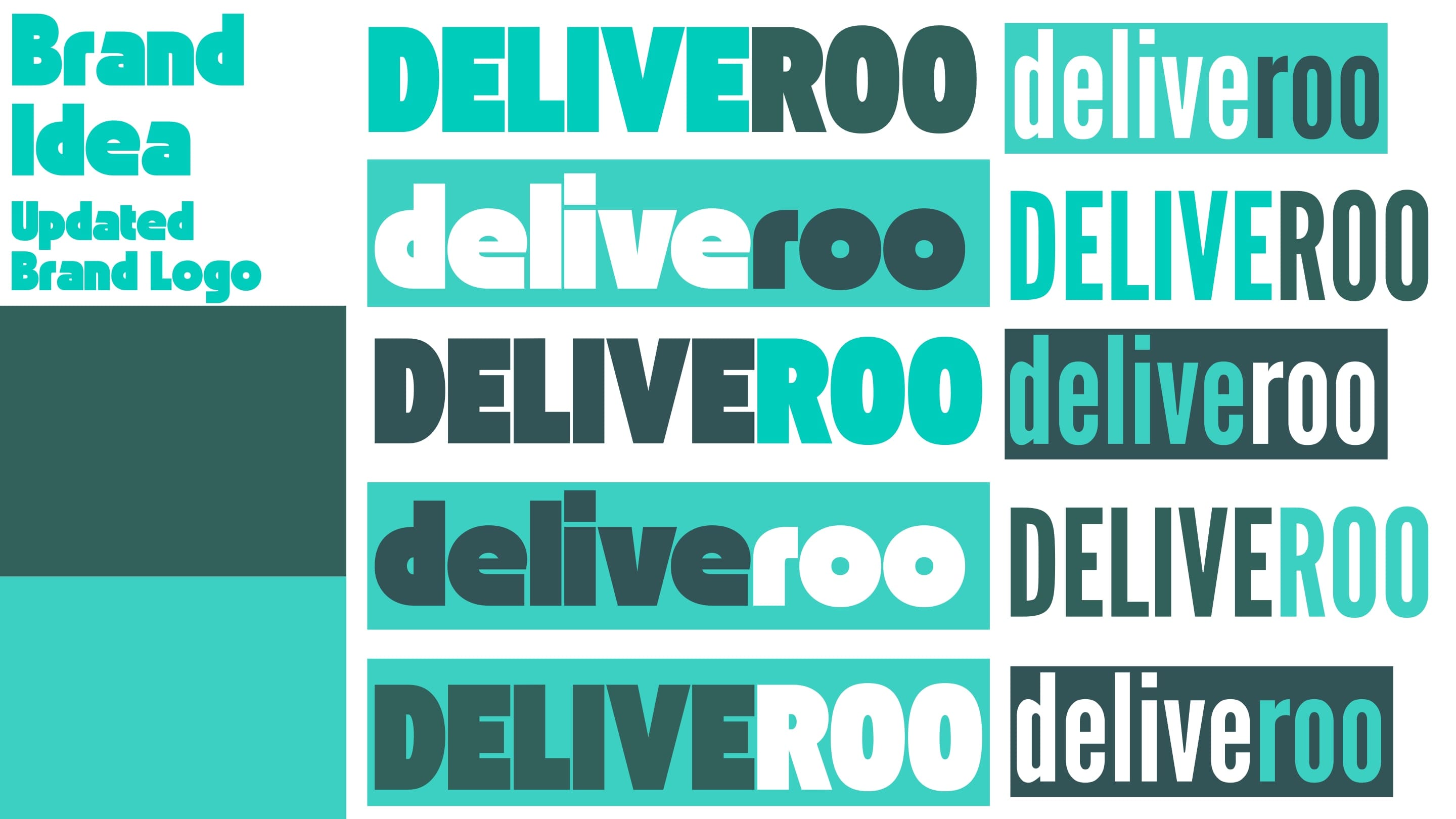 A grid of Deliveroo wordmark explorations in upper and lower case, in navy, teal and cream on alternating teal and white grounds.