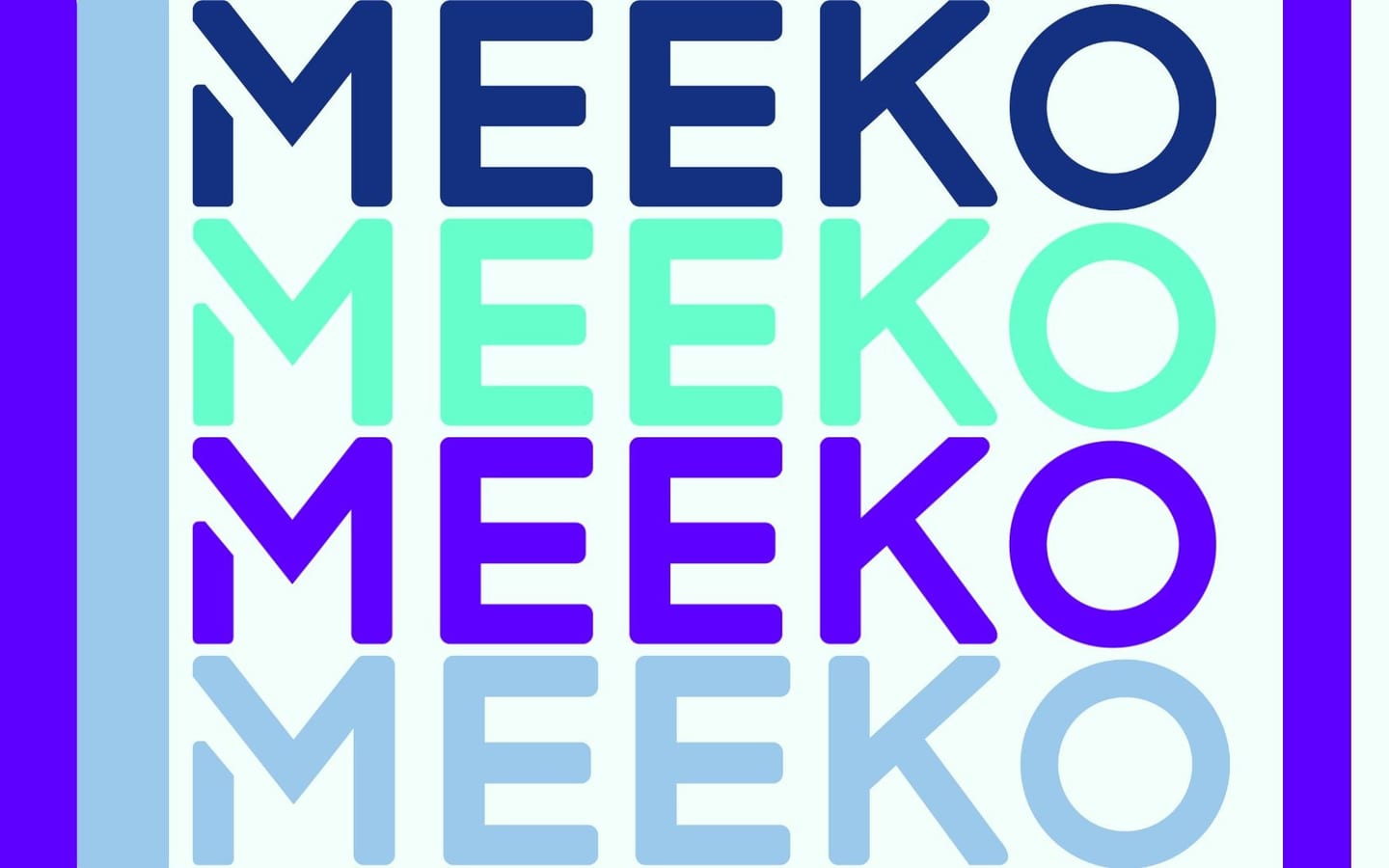 The Meeko wordmark stacked four times in navy, neon mint, electric purple and powder blue, from the rebrand announcement carousel.