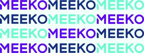 A Facebook cover repeating the MEEKO wordmark in purple, navy and mint across four rows.