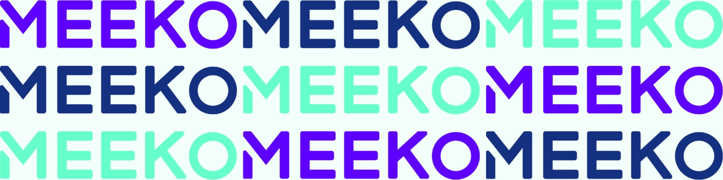 A LinkedIn banner repeating the MEEKO wordmark in purple, navy and mint.