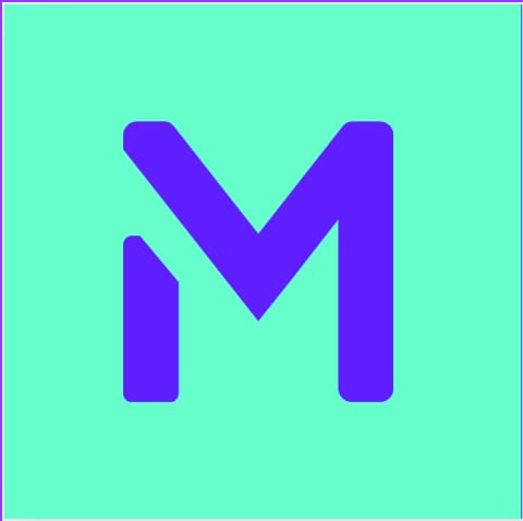 The Meeko M mark in electric purple on a neon mint square.