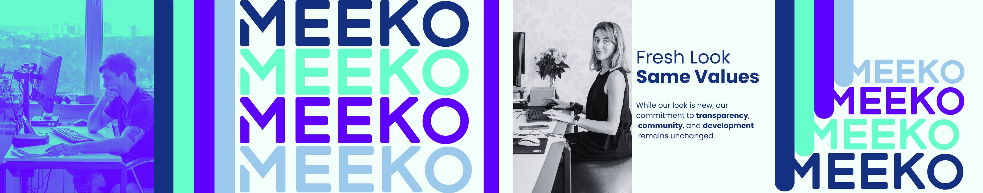 A five-panel launch carousel: a duotone photo of a developer at a desk, the MEEKO wordmark stacked in four colours, a colleague at a desk beside the line "Fresh look, same values", and the wordmark cascading out of rounded bars.